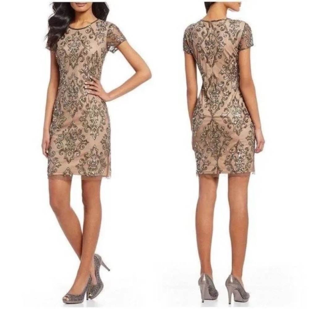 Adrianna Papell Damask Sequined Mesh Dress
